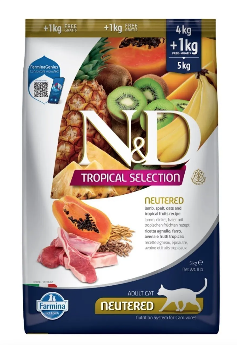 N & D Tropical Selection Lamb Neutered 4+1kg ( kısırlaştırılmış kedi için kuzu etli tropical meyveli mama )